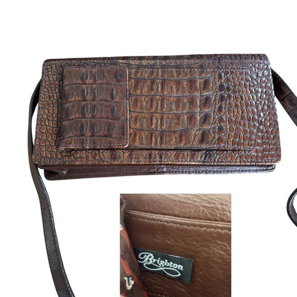 VINTAGE BRIGHTON BROWN LEATHER CROC SHOULDER PURSE BAG LIKE NEW - Picture 4 of 4